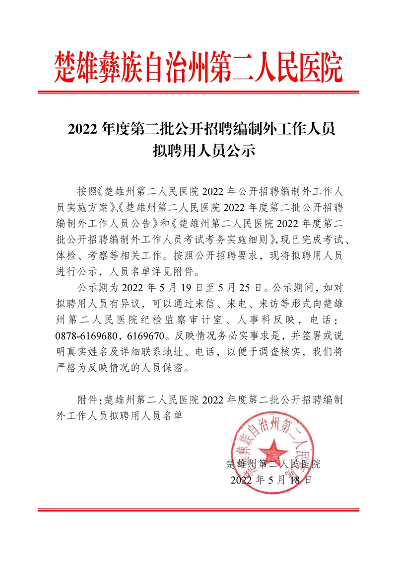 楚雄州第二人民医院2022年公开招聘编制外工作人员拟聘用人员公示-1.jpg