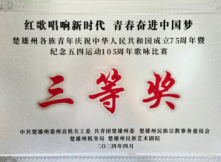 “红歌唱响新时代 青春奋进中国梦”楚雄州各族青年庆祝中华人民共和国成立75周年暨纪念五四运动105周年歌咏比赛三等奖.jpg